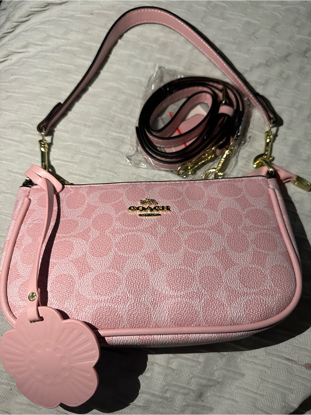Coach Pink Signature Mini Shoulder Bag with Flower Charm - Picture 3 of 3